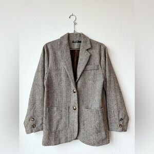 Nasty Gal Taupe Grey Brown Tweed Herringbone  Button Pocket Jacket Size S